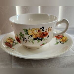 30's Cup & Saucer - Poppies & Roses by Homer Laughlin